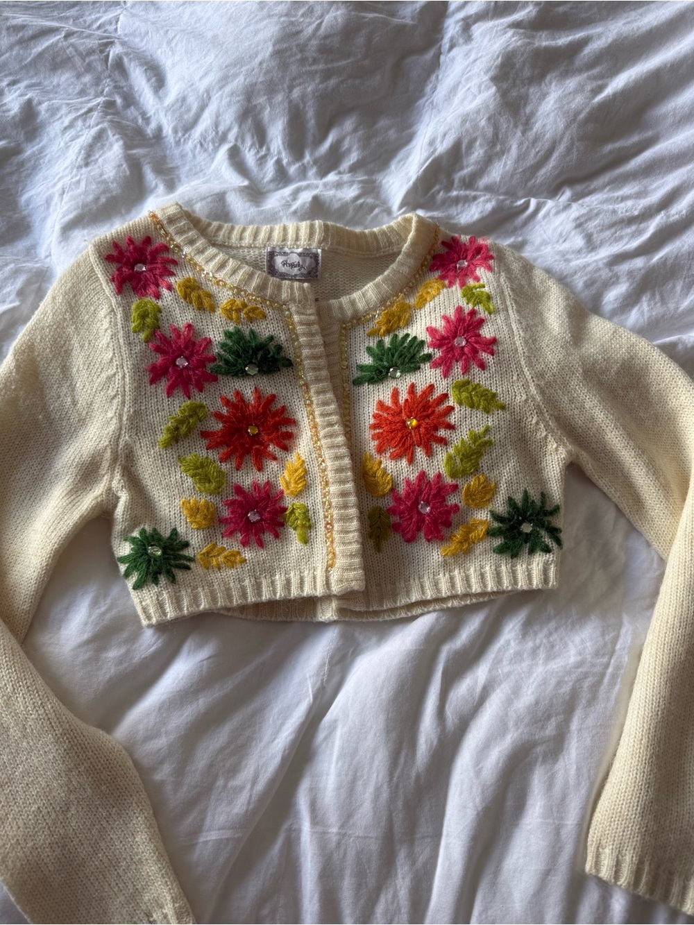 Cream Floral Embroidered Cropped Cardigan Sweater